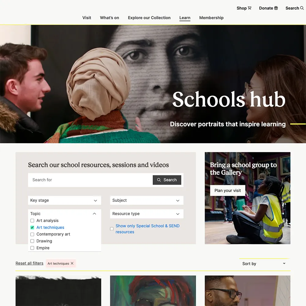 A screenshot of the Schools hub website