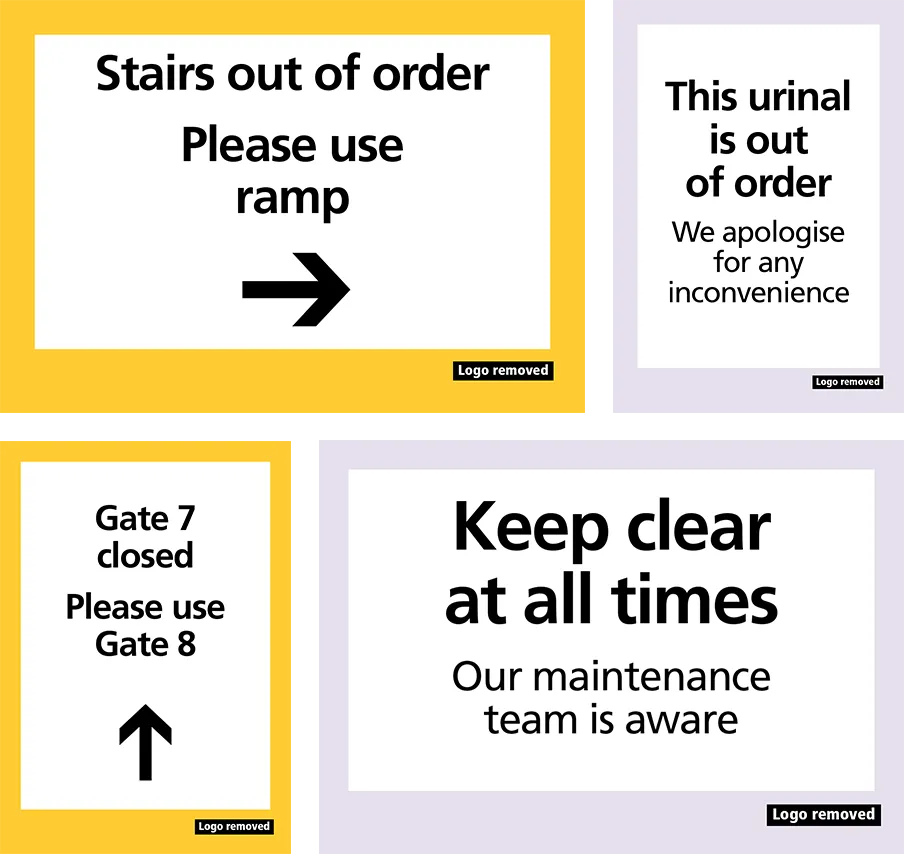 Image showing multiple generated signs, with the airport provider's logo removed